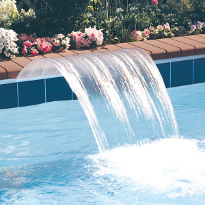 Sheer Arc Cascade waterfalls project a sheet of water upward at 45 degrees, which then naturally arcs and descends to the pool surface. All Sheer Arc Cascade waterfalls can be positioned just above the waterline — no raised bond beam is required — making it perfect for vinyl liner pools. Add a stylized water feature that is a step about other waterfalls to make your pool a work of art.